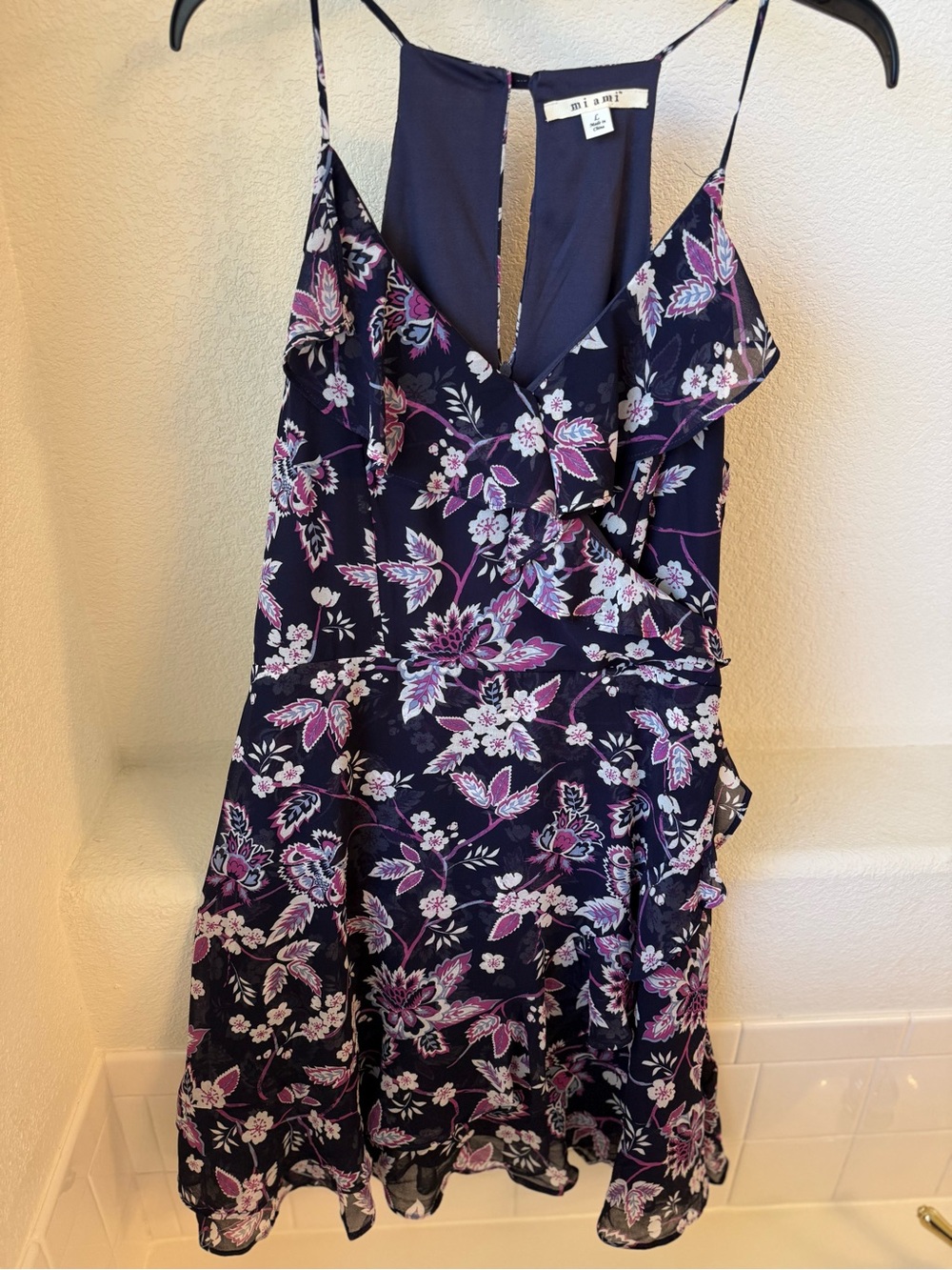 miami Navy Floral Ruffle Spaghetti-Strap Dress with Pink Accents